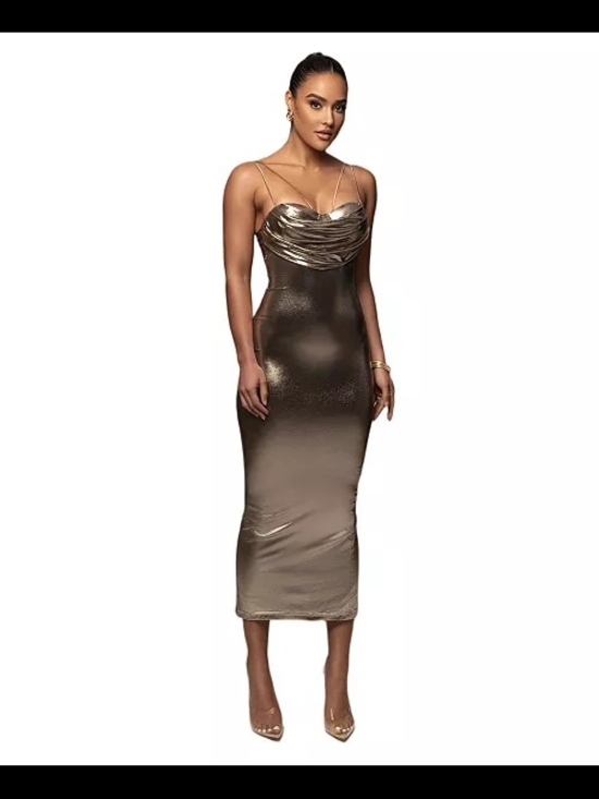 JLUXLABEL Dresses & Skirts - JLUXLABEL Metallic Bronze Cowl-Neck Midi Dress